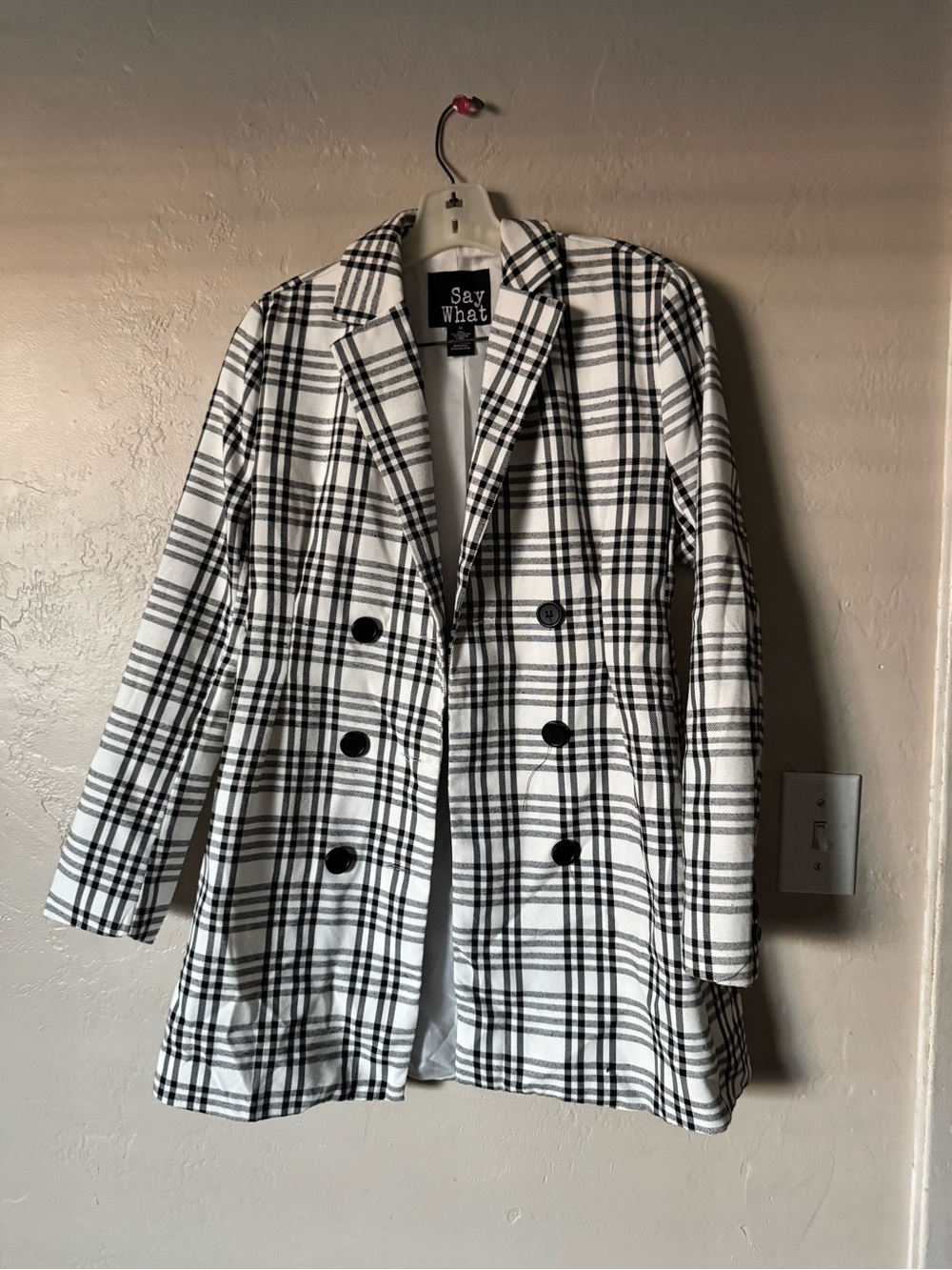 Say What? White and Black Plaid Double-Breasted Blazer
